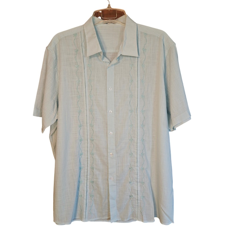 Turetrendy Mens XXL Light Blue Embroidered Guayabera Short Sleeve Viscose Shirt